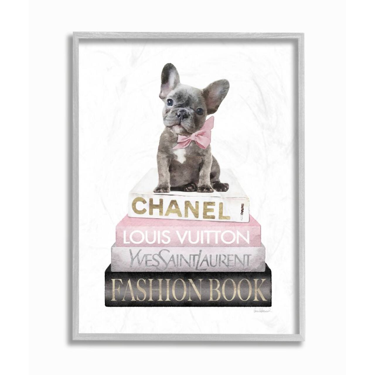 Stupell Industries Dashing French Bulldog and Iconic Fashion Bookstack Framed Wall Art
